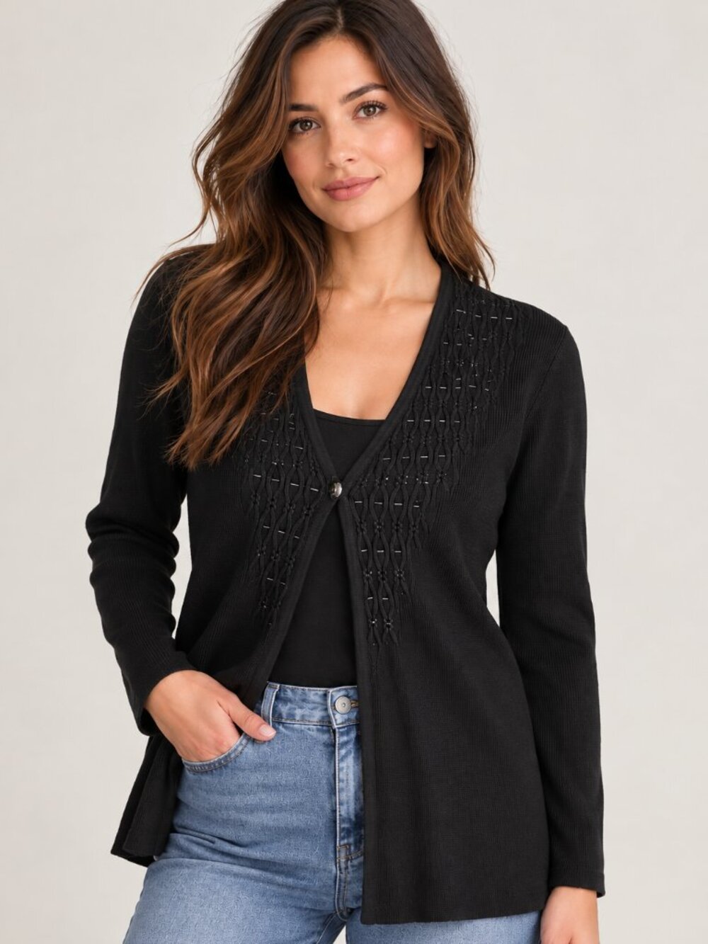 Jones New York Collection Black Embellished Knit Cardigan – Size M
